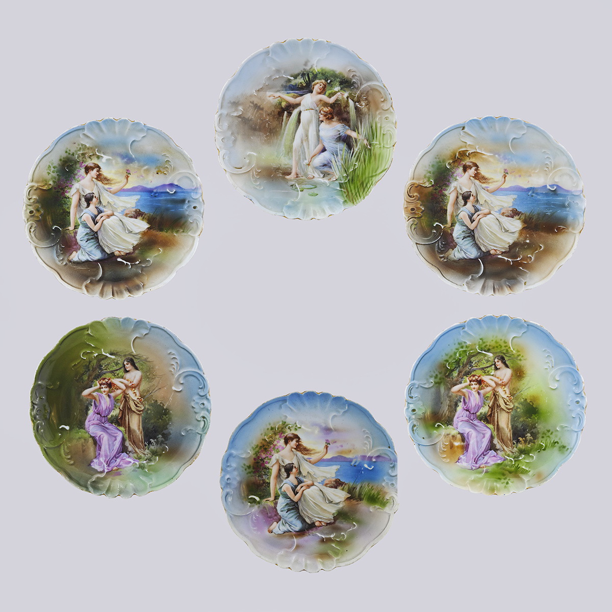 Набор из 6 десертных тарелок «Нимфы» с рельефным краем (деколь, Фабрика Кузнецова)