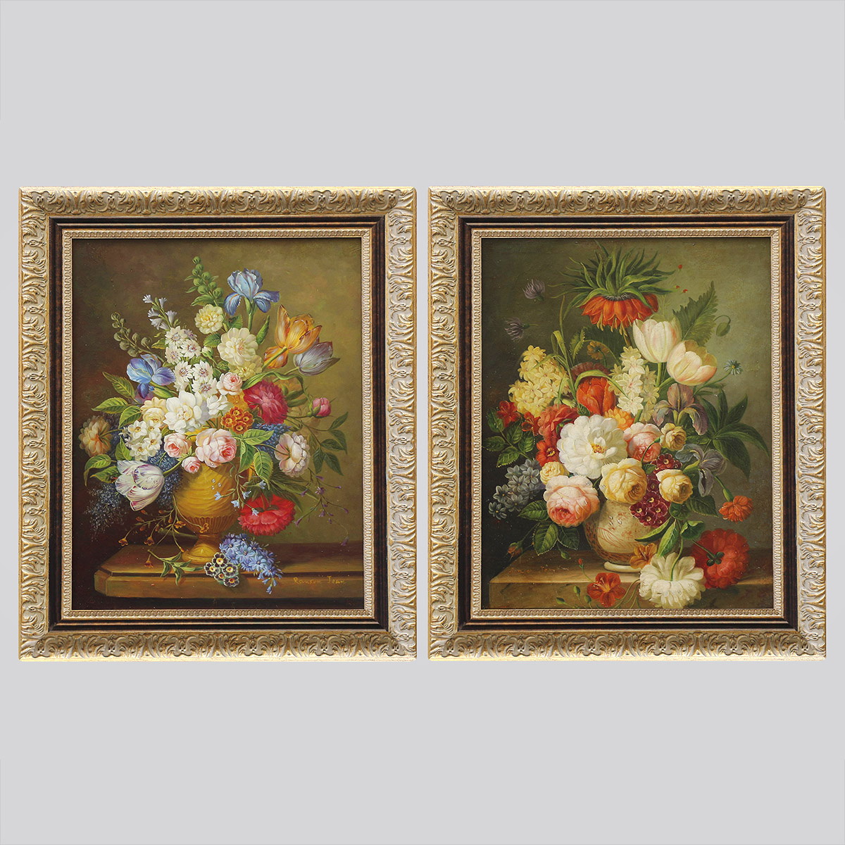 Картина «Парные натюрморты с цветочными букетами» (масло, дерево)